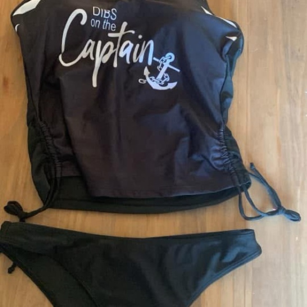Black 'Dibs on the Captain' Swimsuit Set